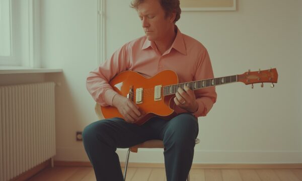Man Playing Guitar in Minimalist Room Man Playing Guitar in Minimalist Room